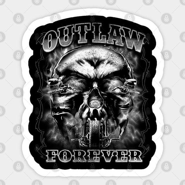 Outlaw Forever Flaming Skull Bike (black and white) Sticker by Cattle and Crow